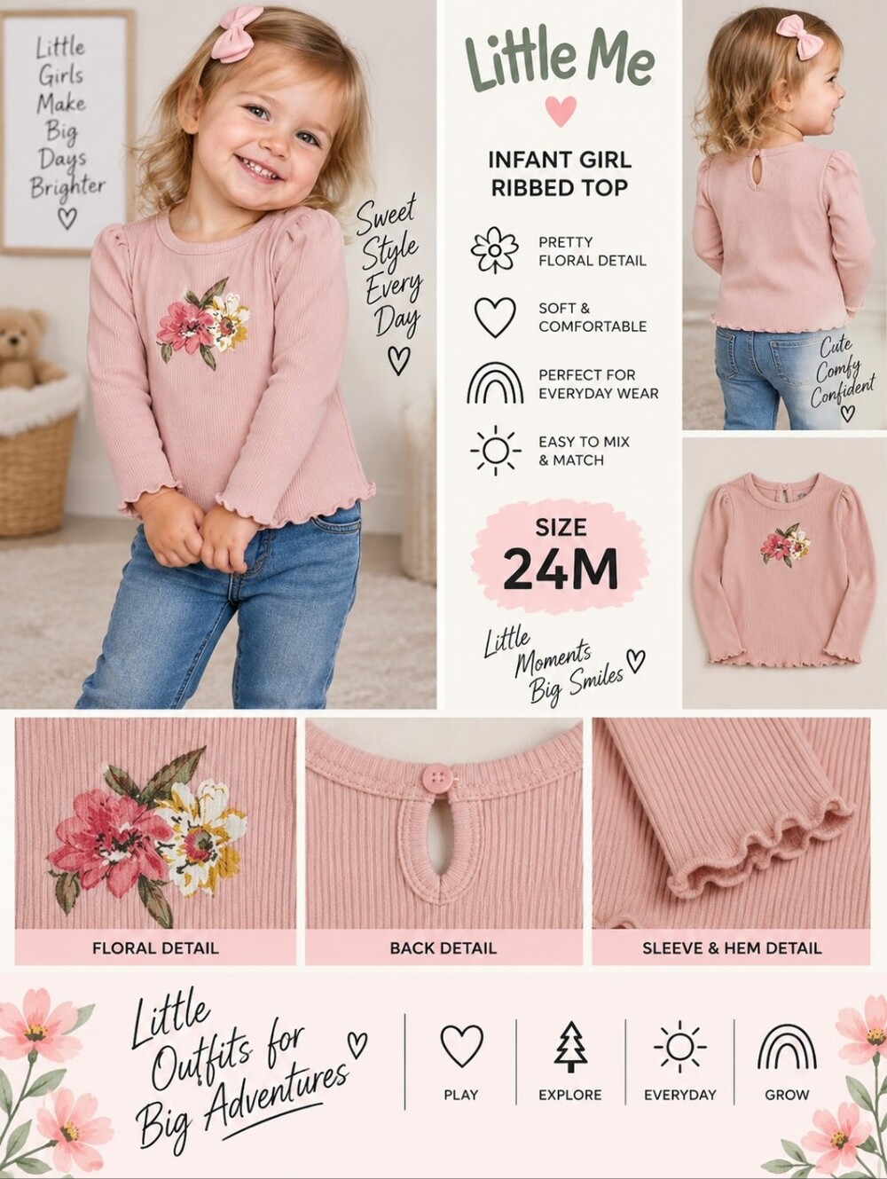 Little me infant girl 24m pink floral ribbed top #29